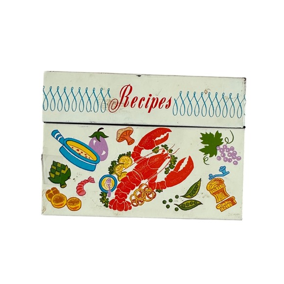 Vintage Ohio Art Co Vegetable Recipe Tin Metal MCM Kitschy Animated Food Lobster - Picture 1 of 10